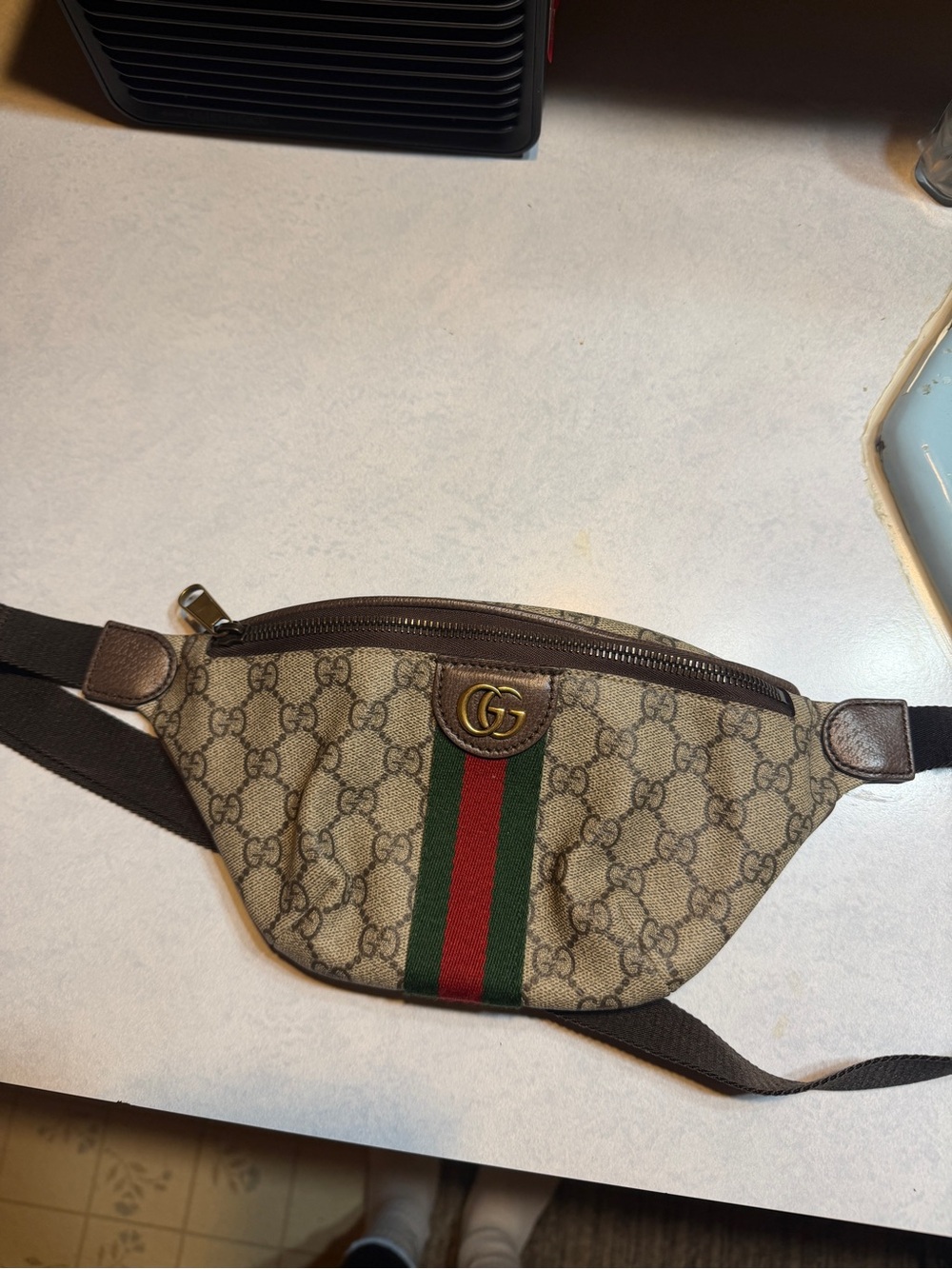 Gucci Brown GG Canvas Belt Bag with Green & Red Web